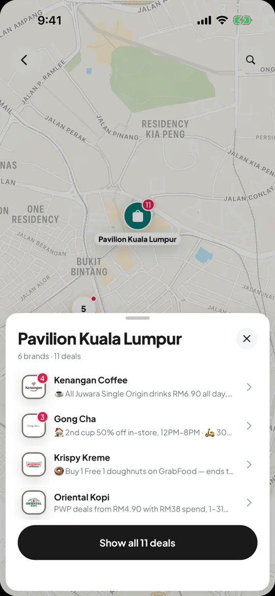 A map of malls with the deals inside them